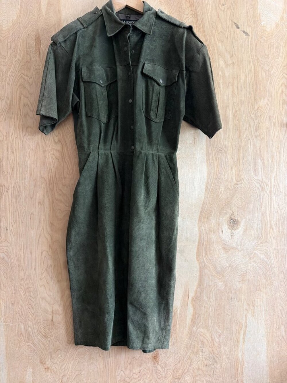 Vintage Della Roufogali Olive Green Suede Leather Safari Shirt Dress Size 10 - Picture 5 of 14